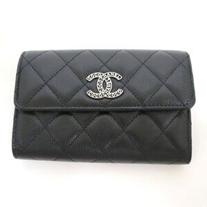 Chanel Trifold Wallet Quilted Black Silver Caviar Leather
